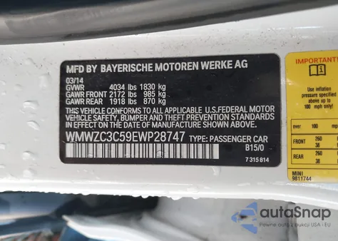 2014 Mini Countryman Cooper S z USA, uszkodzony, nr VIN WMWZC3C59EWP28747